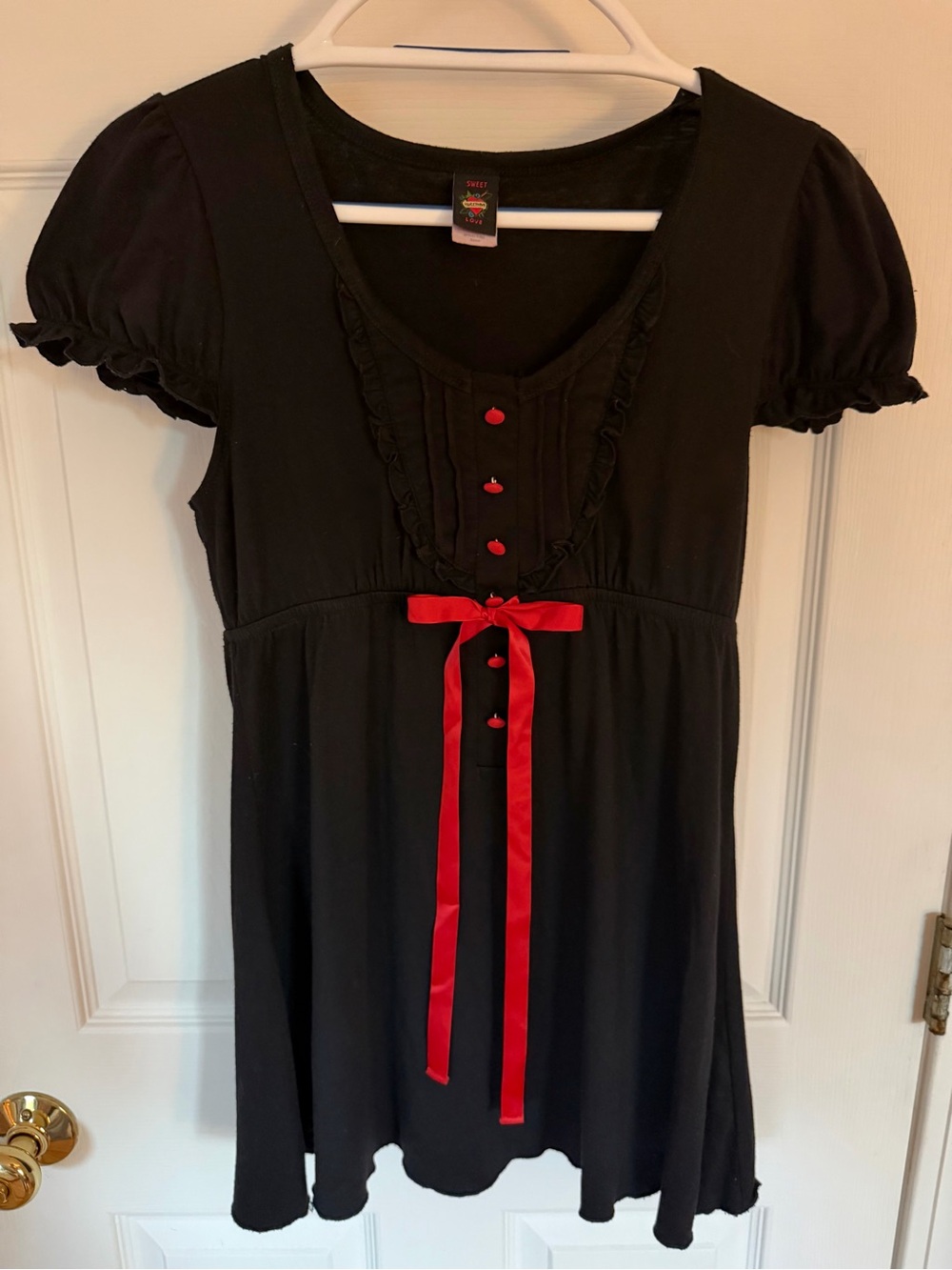 Sweet Love Black Babydoll Mini Dress with Red Satin Ribbon and Button Accents